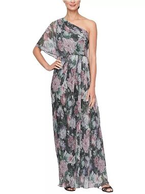 SLNY Women's Asymmetric-Neck Printed A-Line Gown